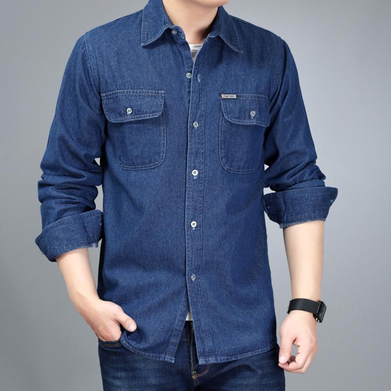 Spring Autumn Youth Men Denim Shirt Coat Long Sleeve Pure Cotton Plus Siz Turn-down Collar Casual Koreon All-match Jackets