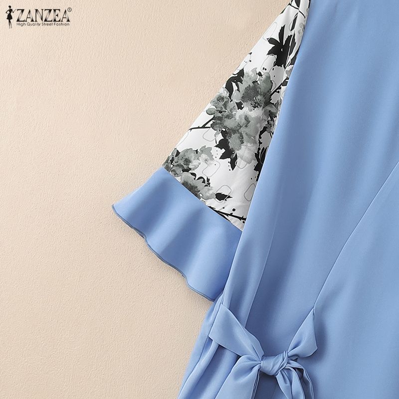ZANZEA Women Casual Stand Collar Print Splice Half Sleeve Loose Blouse