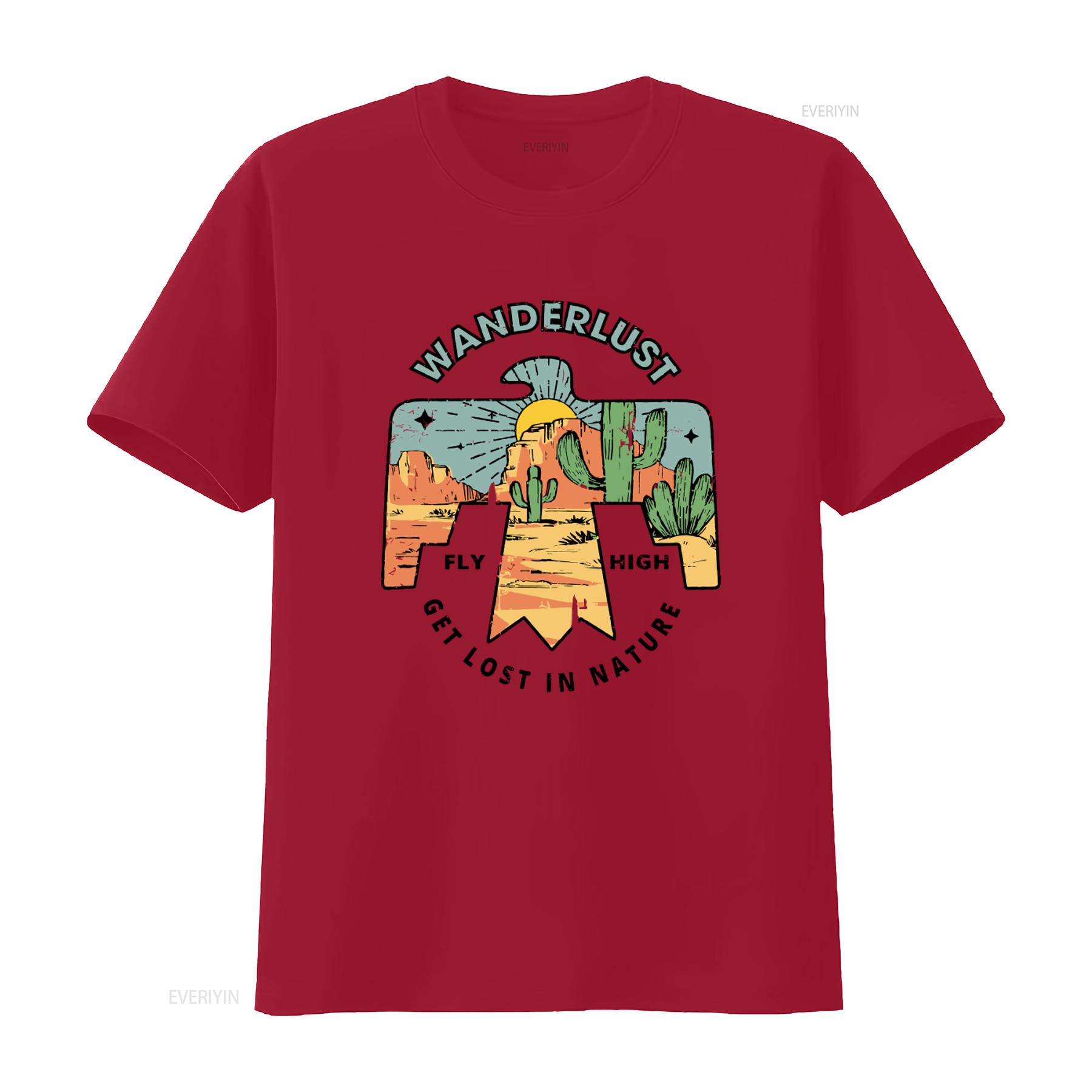 Wanderlust T Shirt Fit Fly High Get Lost In Nature Desert Cactus Eagle Print vintage Washed streetwear Casual S