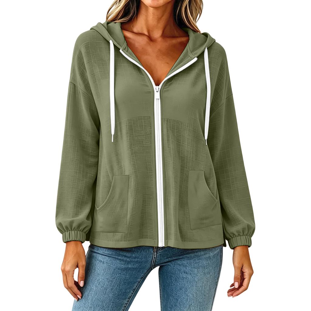 Women's Color Long Sleeve Hooded Zip-Up Jacket with Pockets for Casual Wear