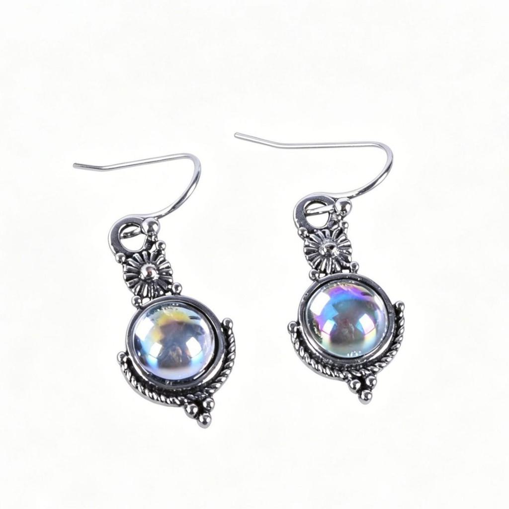 Hot Sale Moonstone Retro Earrings - European & American Punk Style Colorful Rainbow Gemstone Studs