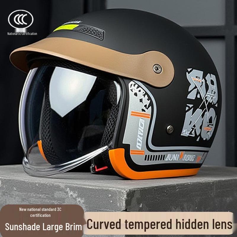 Junhao Electric Motorcycle Helmet with Hidden Lens - Unisex DOT-Certified Retro Harley Style