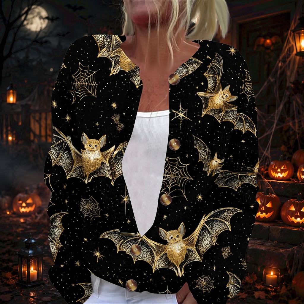 Women's Halloween Print Long Sleeve Knit Cardigan Button Front