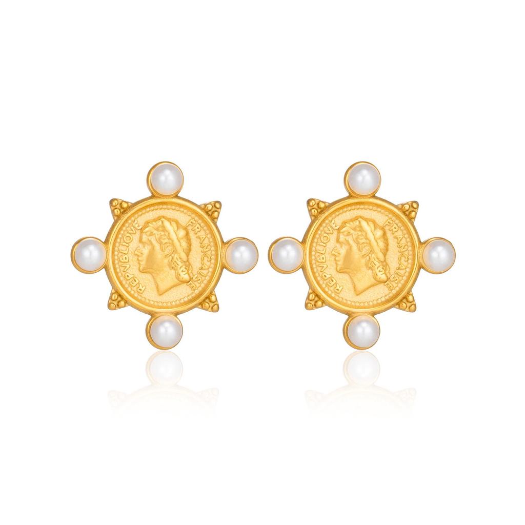 18K Gold Plated Titanium Pearl Portrait Stud Earrings for Travel and Vacation
