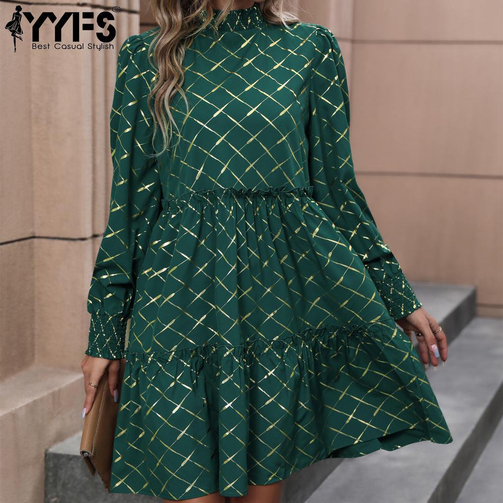 YYFS Women's Fashion Autumn Rhombus Print Long Sleeve Middle Waistline Casual Dresses