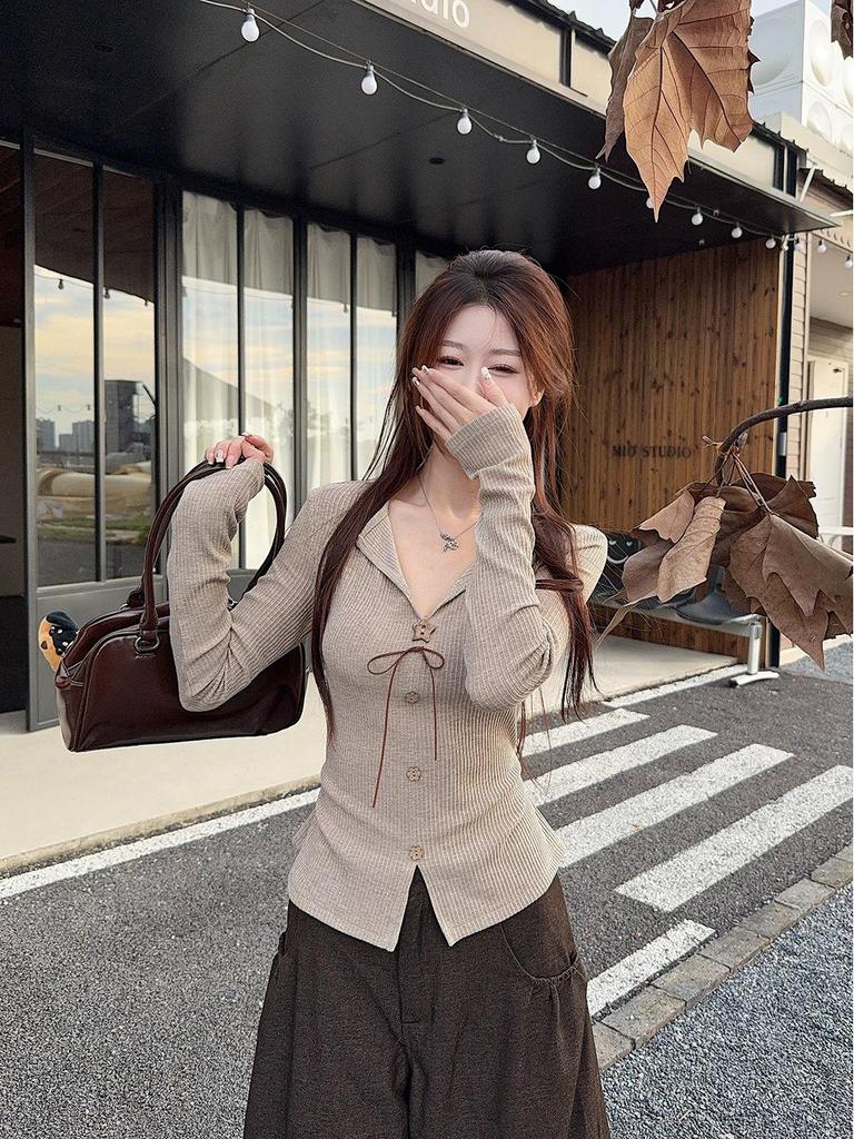 Retro Bow V-Neck Long-Sleeve Women's Slimming Top - 2025 Autumn Collection