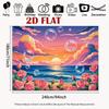 2D Colorful Beach Sunset Backdrop, Ocean Waves, Roses & Bubbles Background