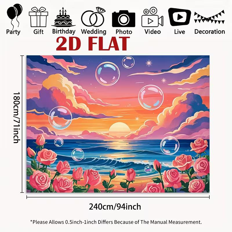 2D Colorful Beach Sunset Backdrop, Ocean Waves, Roses & Bubbles Background