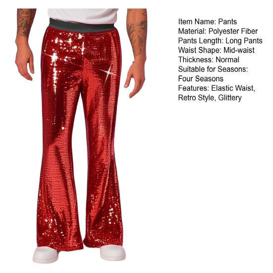 Men's Sequin Flared Trousers Shiny Hip-Hop Disco Pants Elastic Waist Retro Wide Leg Pants for Stage Performance Night Club Bar Dance