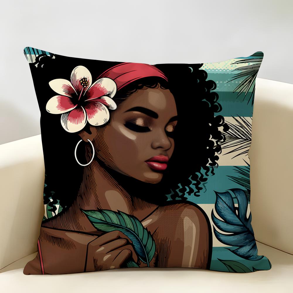 African Black Girls Fashion Cushion Cover Natural Linen Organic Fabric DoubleSided Printing Room Sofa Decor Pillow Case