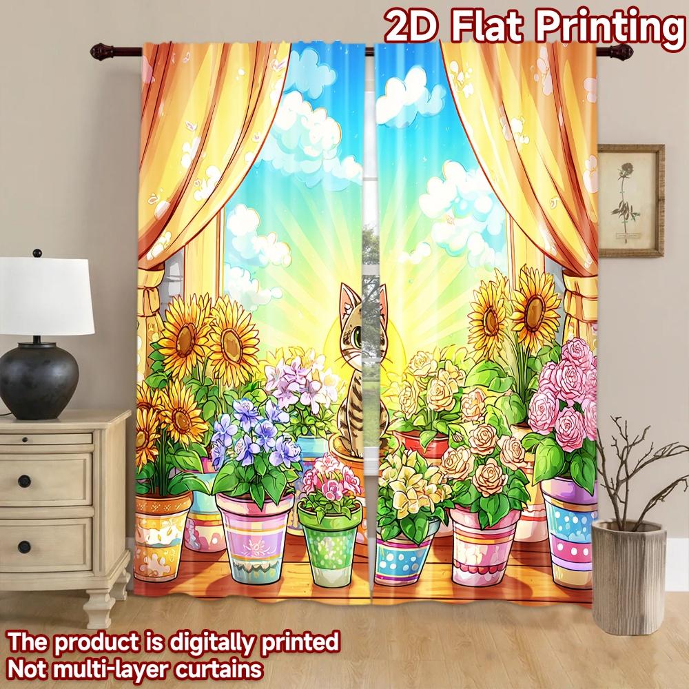2D flat printing 2pcs Window Treatment Curtains Cute Cat Flower Balcony Digital Printed Polyester Drapes Festive Wall Decor for