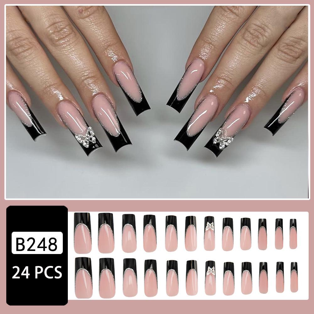 24-Piece Black French Extra-Long Ballerina Nails with Metal Butterfly Design - Press-On False Nails for a Spicy, Cool European-American Look