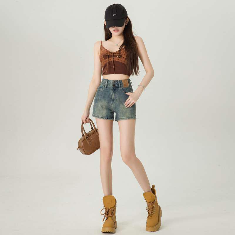 Yellow Vintage Distressed High-Waist Denim Shorts for Women - Korean Style Summer Design Large