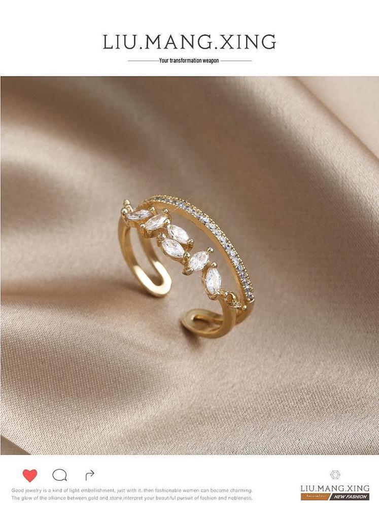 Elegant Double Layer Zirconia Flower Ring for Women - Adjustable Open Band, Artistic Design for Index Finger.