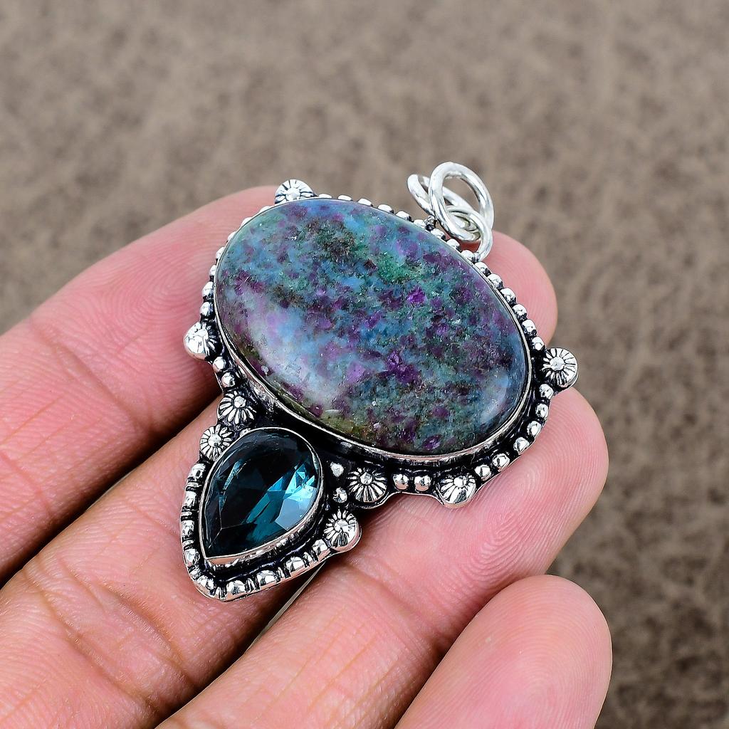 Ruby Fuchsite, Iolite Gemstone 925 Sterling Silver Jewelry Pendant 2.05" KKG-316