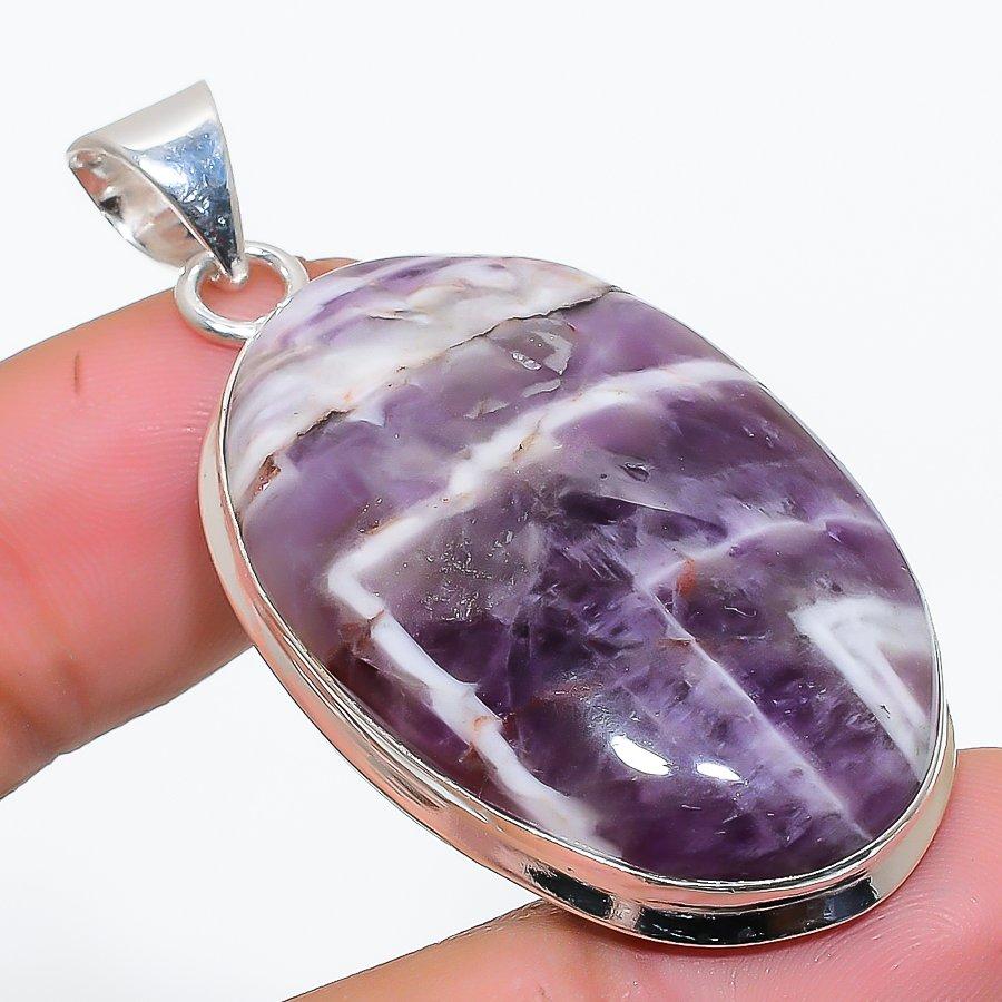 Chevron Amethyst Gemstone 925 Solid Sterling Silver Jewelry Pendant 2.05" SU-10221