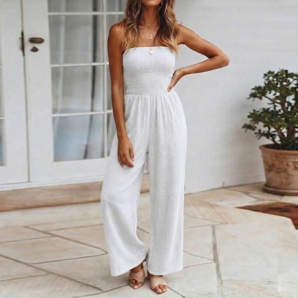 Women's Fashion Wide-Leg  Color Strapless Pocket Waist-cinching Jumpsuit