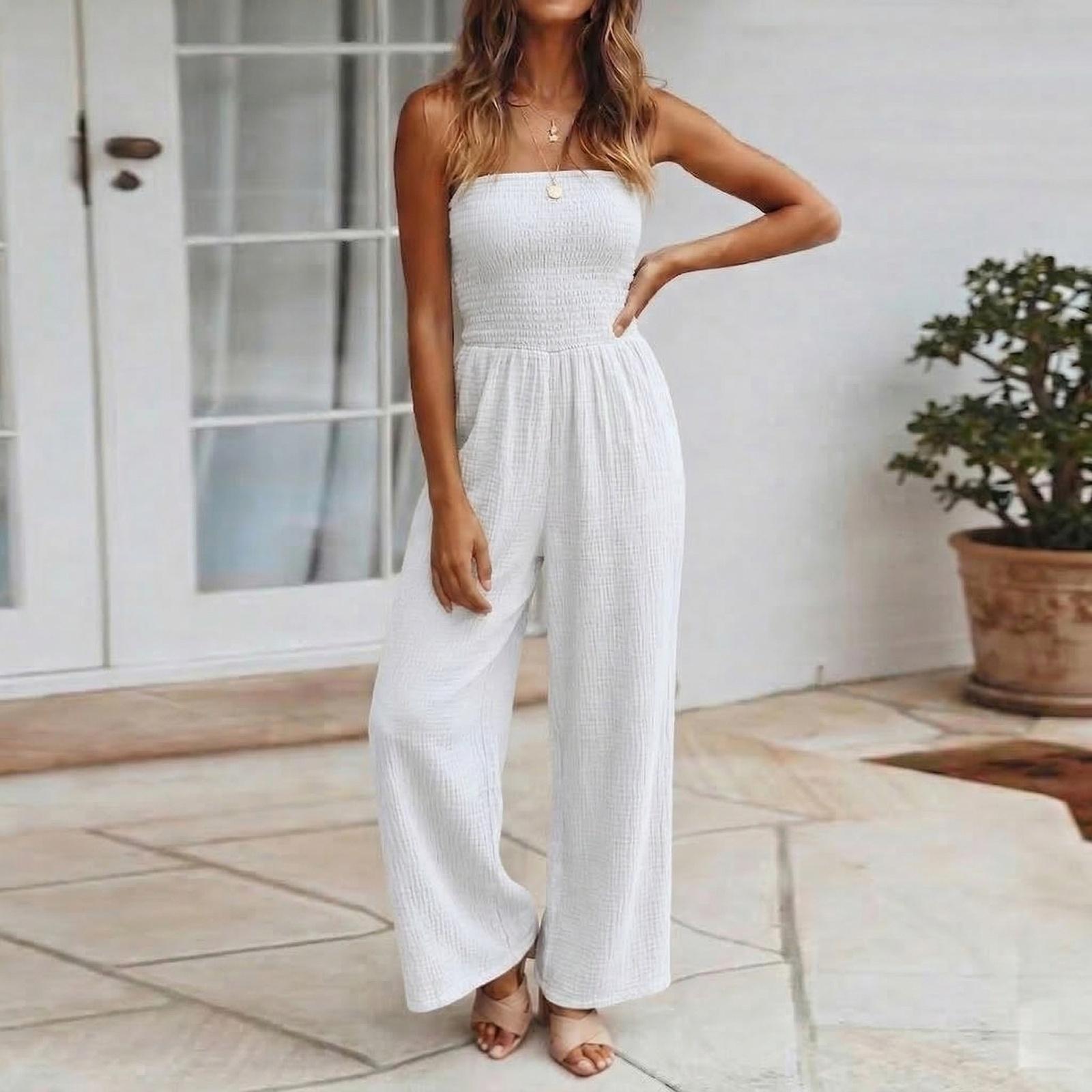 

Women s Fashion Wide-Leg Color Strapless Pocket Waist-cinching Jumpsuit S білий