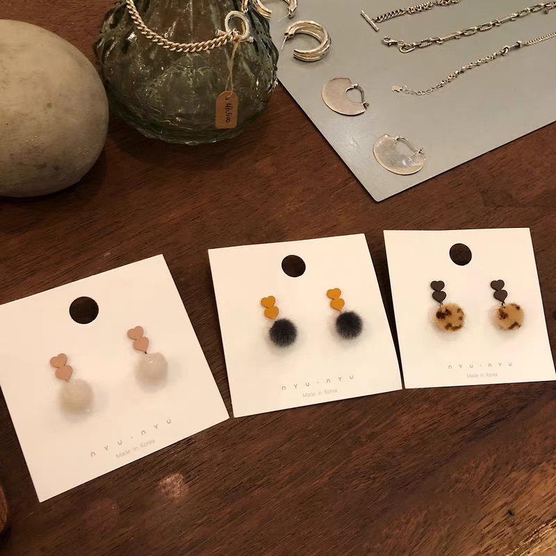 Korean Leopard Heart Plush Frosted Ball Stud Earrings for Women - Autumn/Winter Collection