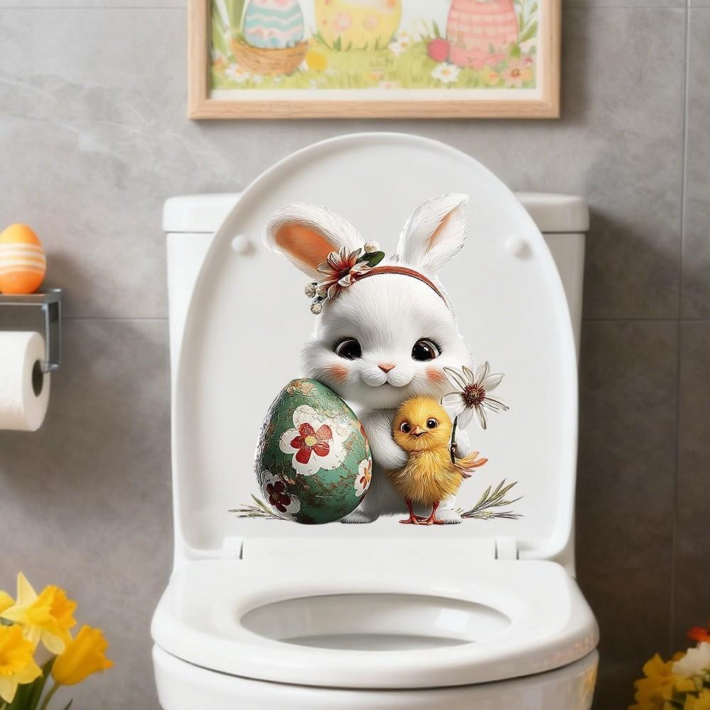 New Easter Flower Rabbit Toilet Sticker PVC Self-Adhesive Bathroom Decor Removable Waterproof Wall Stickers Wall Decoration