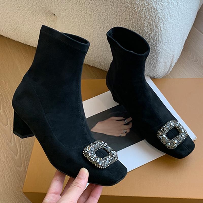 Suede Women Ankle Boots Chunky Crystal Fashion Mid Heels Shoes Winter 2024 New Trend Elegant Pumps Woman Snow Short Botas Mujer