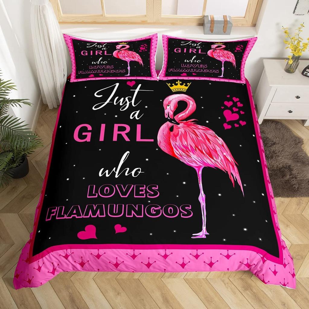 Red Flamingo Duvet Cover Set King Queen Size Polyester Comforter Cover Wild Animals For Kids Teens Animals Lovers Bedding Set