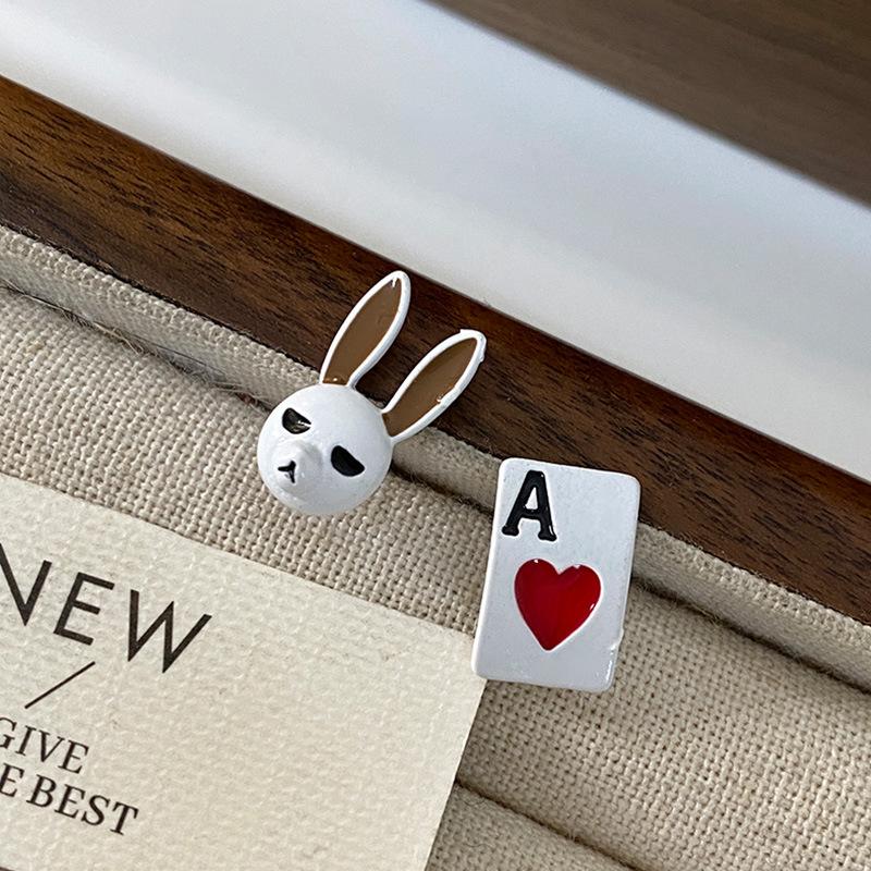 Hearts Love Stud Earrings Asymmetrical Design Sense Niche Earrings Animal Cute Cartoon Rabbit Playing Card Earrings Female