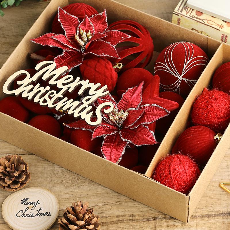 38PCS Luxury Plush Christmas Ball Set Xmas Ball Tree Top Star Bow Flower Combination Santa Tree Decor Set Christmas Home Decor