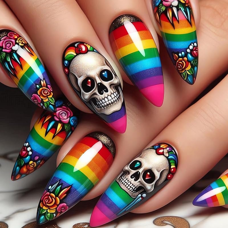 Halloween Press on Nails Medium Fake Nails Almond Shape Halloween False Nail Tips with Pumpkin Star Moon Designs Cute Stick on Nails Glossy Halloween