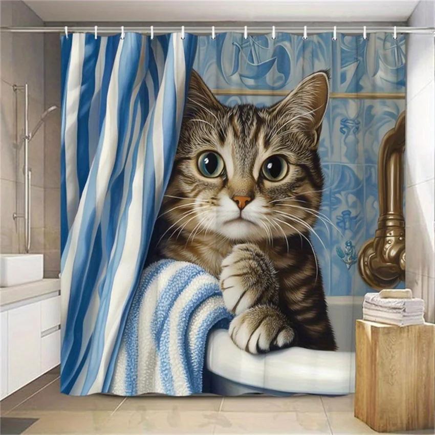 Curious Kitten in Striped Curtains Shower Curtain - Water-Resistant Fabric for Bathroom - Perfect for Cat and Whimsical