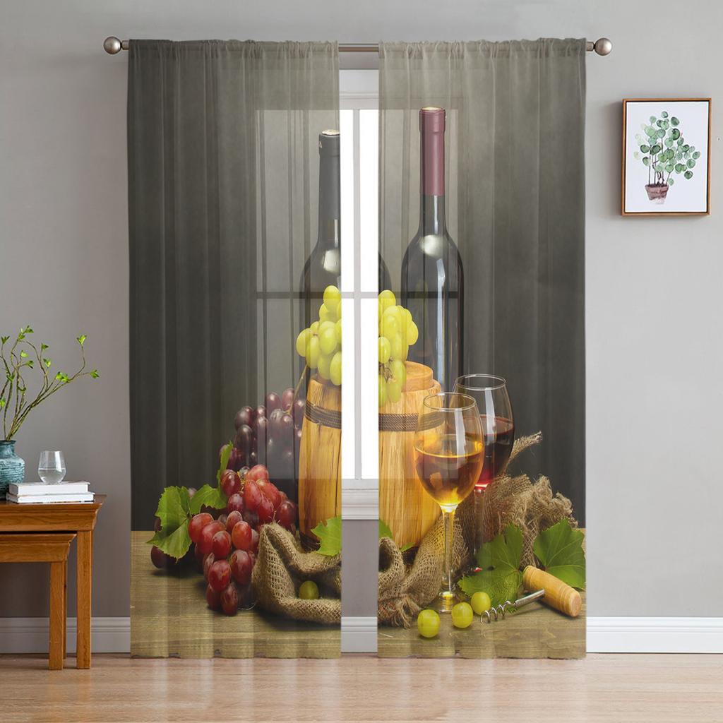 Grape Wine Fruit Leaves Rag Sheer Curtains for Living Room Decoration Window Curtains for Kitchen Tulle Voile Organza Curtains