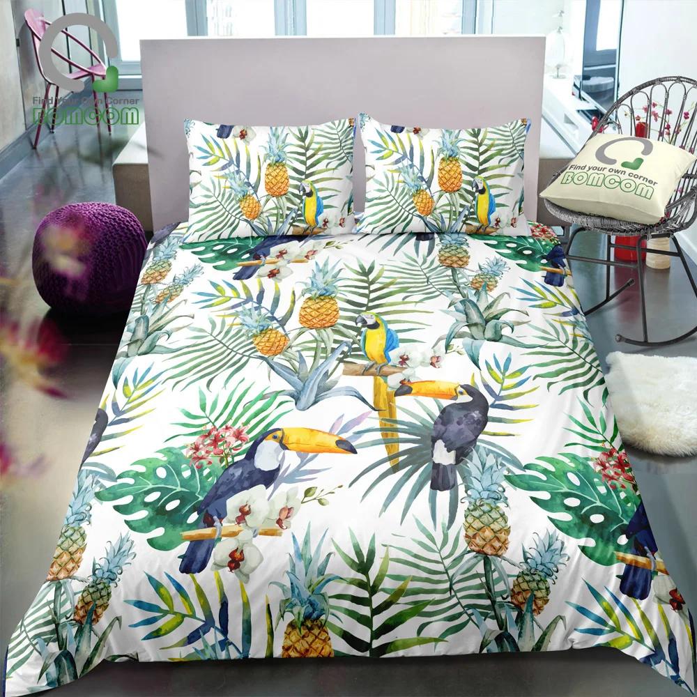 Tropische Vögel Bettbezug Aquarell Kolibri Blumen Einzelbettwäsche Exotische Wildtiere Weiß Abstrakt Polyester Steppdeckenbezug