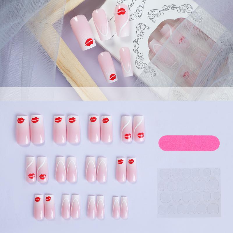 

Handmade Pink & White Gradient French Stripe Lip Print Press-On Nails