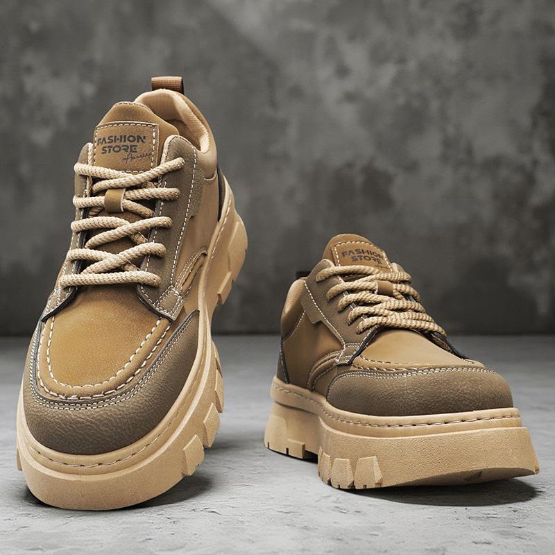 New Shoes for Men Leather Casual Platform Shoes Fashion Thick-soled Flat Skateboard Shoes Young Lace-up Sneaker