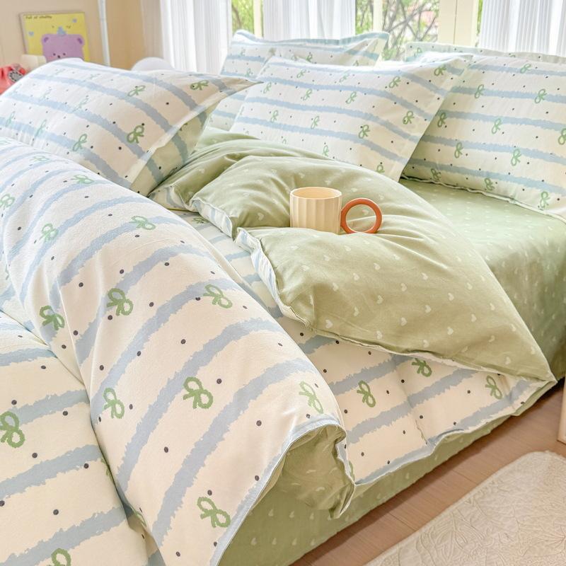 Cotton 4-piece Set Thickened Brushed Fresh Cotton Bed Sheet Quilt Cover Hats Models Dormitory 3-piece Set