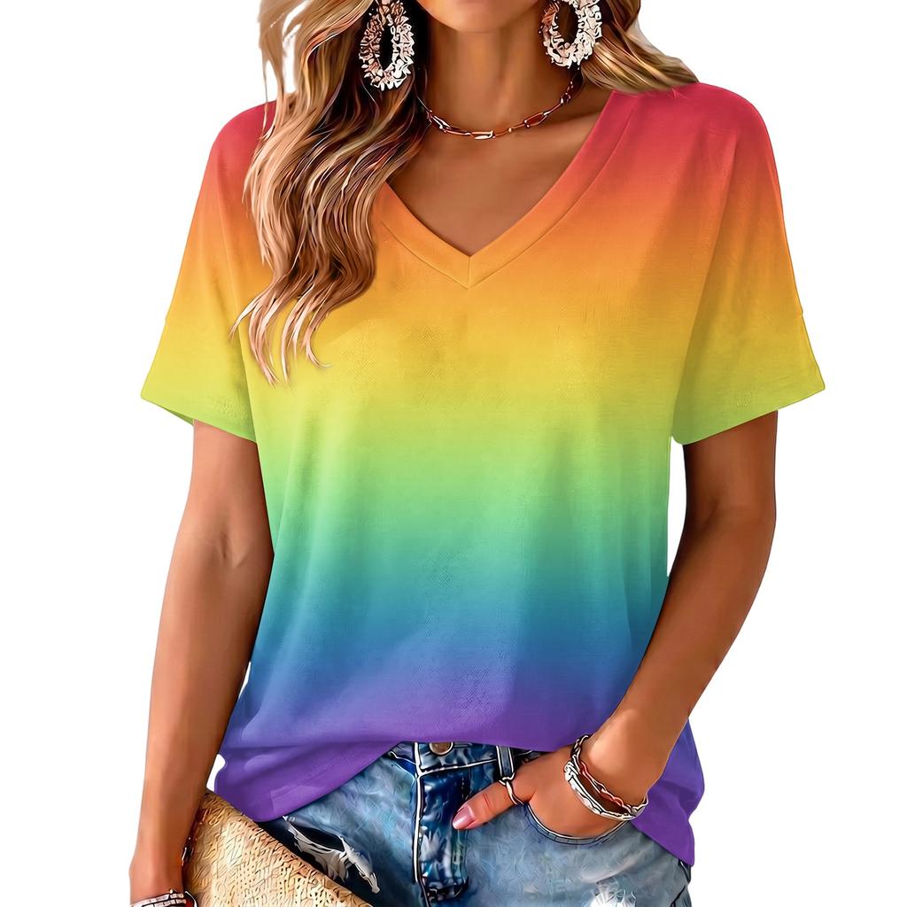 Women's V-Neck Short Sleeve Gradient Print Lightweight Top for Everyday Wear