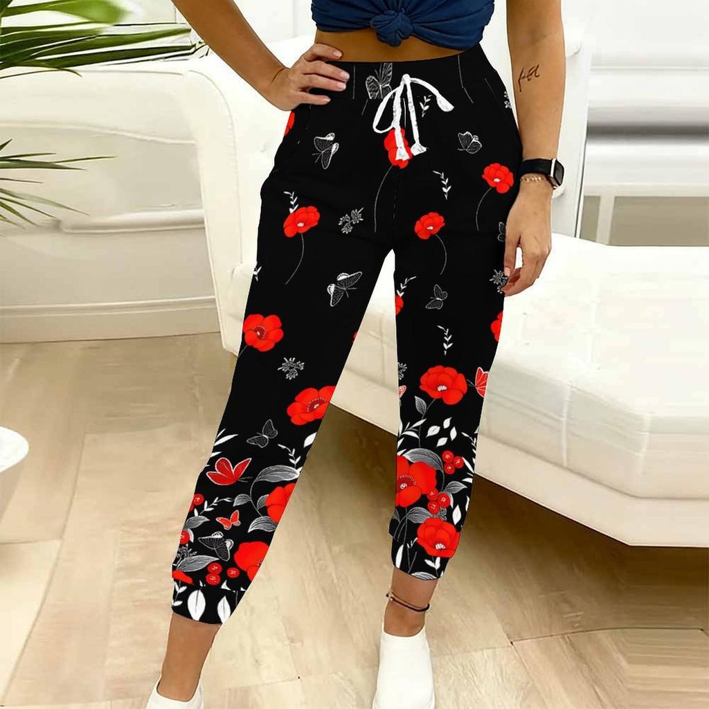 Summer Ladies Floral Print Sweatpants Loose Fit Drawstring Joggers Elastic Cuff Daily Casual Pants