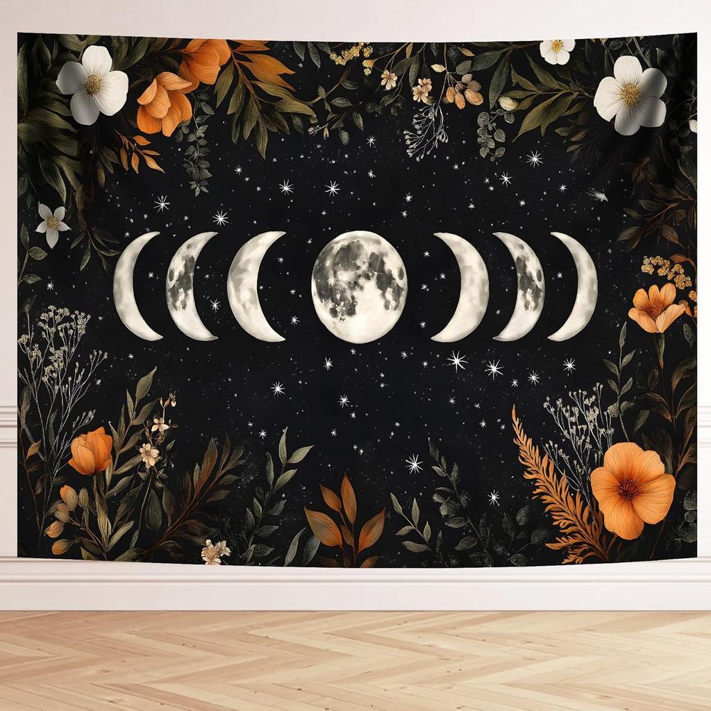 BVBOX Moon Garden Tapestry 59"x51", Black Celestial Floral Bohemian Moon Butterfly Tapestries, Dark Botanical Tapestry Wall Hanging Room Decor For
