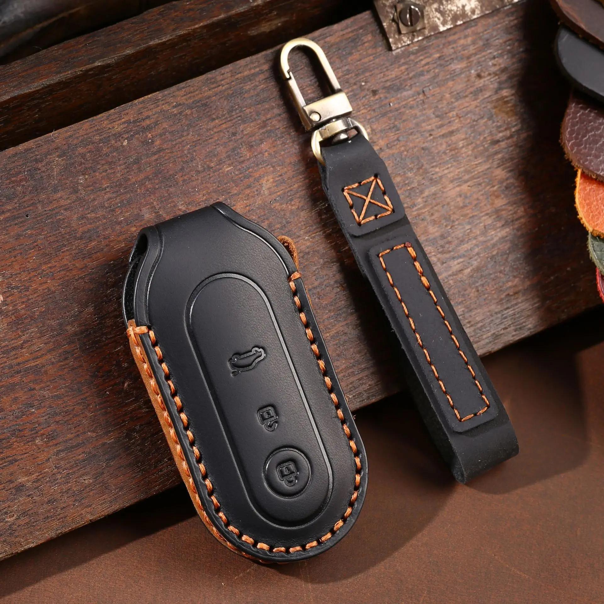 

Leather Car Key Cover Keychain Holder Case Protector for Aito M5 M7 2022 3 Buttons Smart Remote Shell Bag Set Accessories чорний