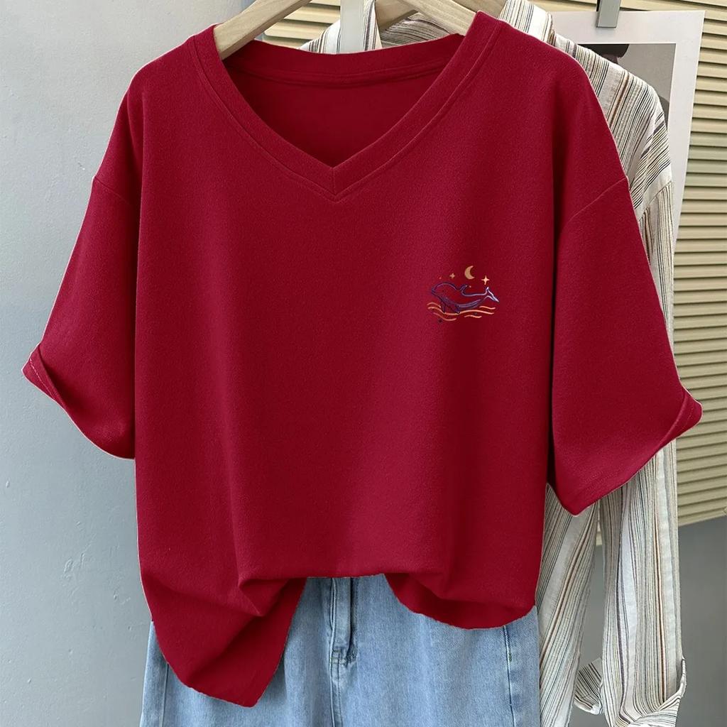 Camiseta Feminina de Verão com Manga Curta e Ombro Normal, Corte Solto, Tamanho Plus Size, Top Elegante com Decote em V e Design que Cobre a Barriga