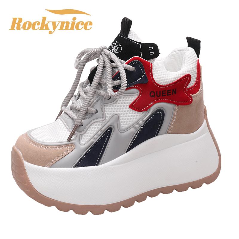 Women Chunky Sneakers  Autumn Breathable Mesh Casual Shoes 11CM Wedge Heels Platform Shoes Chaussures Femme Sports Dad Shoes