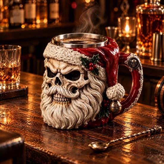 Decorative Cauldron Mug for Fans 3D Dark Christmas Santa Mug, Ugly Design Ceramic Coffee Cup with Gothic Horror Style Travel Handle, Novelty