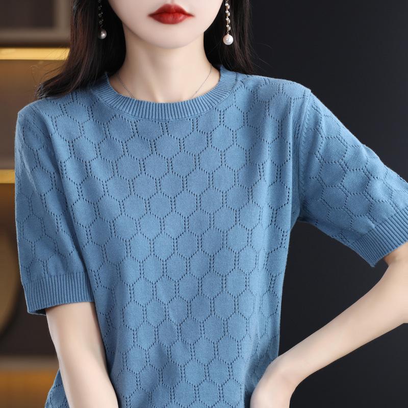 

Летняя новая футболка с коротким рукавом, вязаная ажурным узором, с круглым вырезом, однотонная, свободного кроя, тонкий ажурный жилет, топ с рукавом до локтя XXL