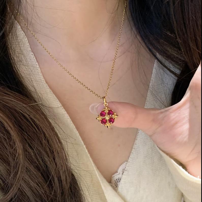 Ruby Red Four-Leaf Clover Necklace & Ring Set for Women