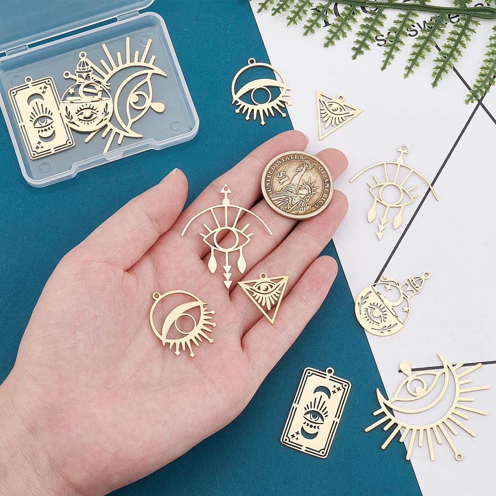 12Pcs 6 Style 201 Stainless Steel Pendants Laser Cut Golden 20~41x18~48.5x1mm Hole: 1.4~1.5mm 2pcs/style