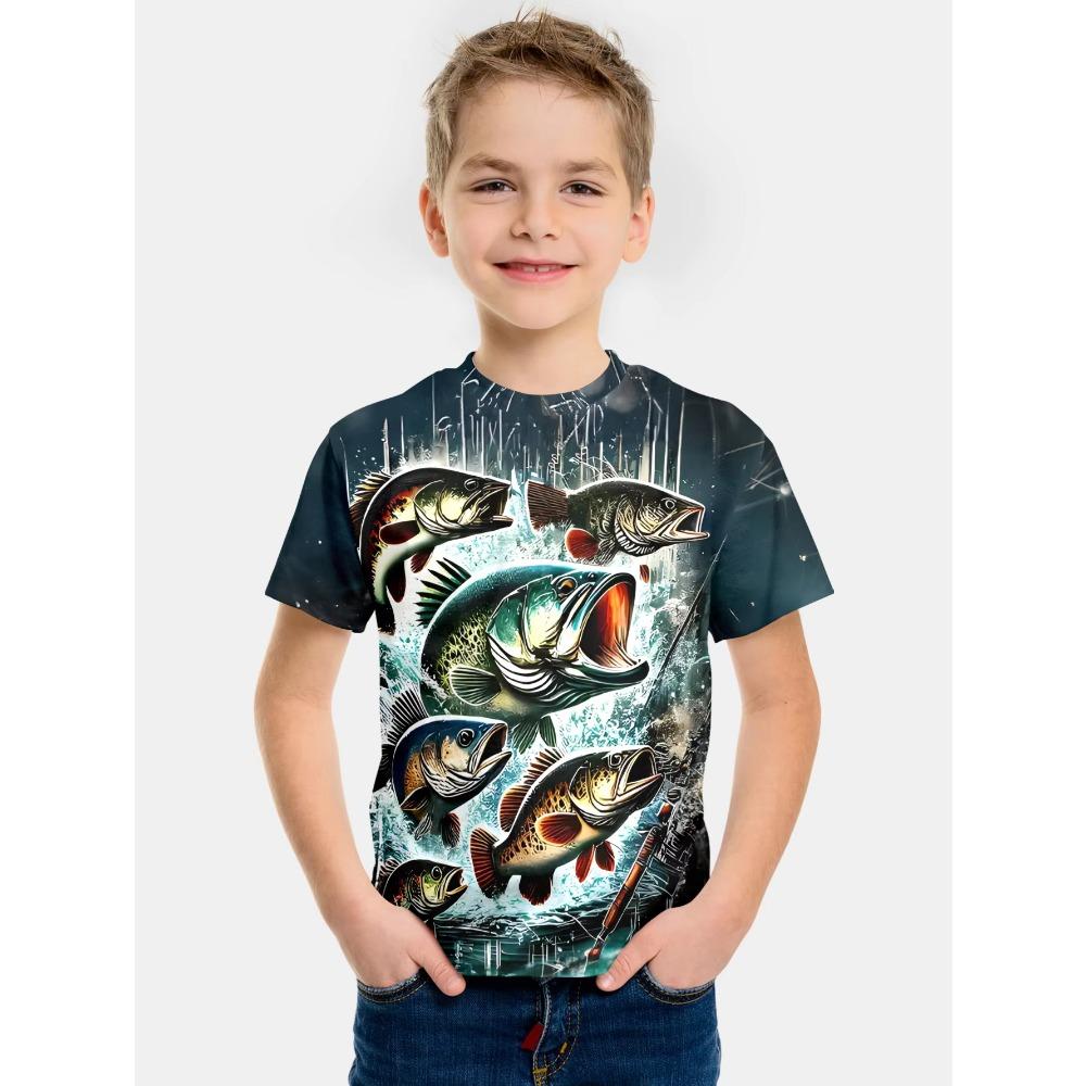 Boys' Clothing with Fish Pattern 3D Printed T-shirt, Summer New Style, Children's Fishing Shirt, Casual Short Sleeved Fashionable Street Top