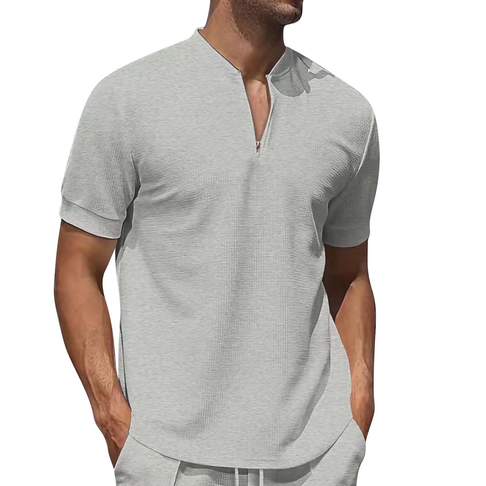 

Men S Color Stand Up Collar Short Sleeved T-Shirt Casual Zipper Top M