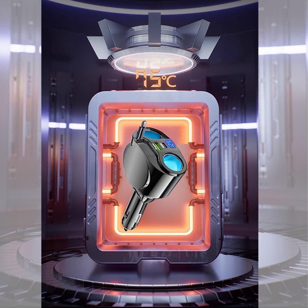 PD30W Einziehbarer Autoladegerät, 5-in-1 Schnelllade-Autoladegerät 120W mit Digitalanzeige Autoladegerät-Adapter Autozubehör Für iPhone, Samsung