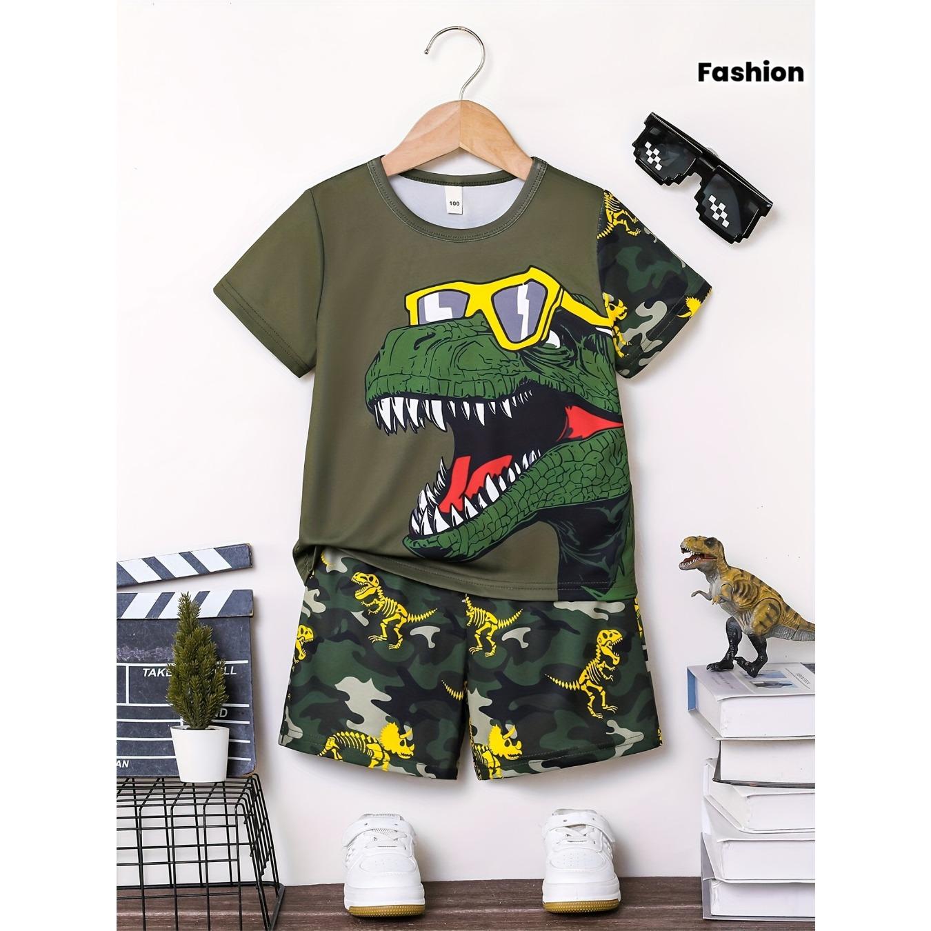 Round neck short sleeved T-shirt paired with shorts set featuring dinosaur 3D digital printing fashion 5-6Y