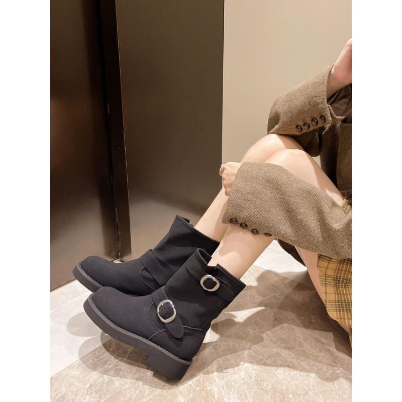 

Boots stacking boots polished retro thick heel medium tube thick-soled locomotive buckle belt short boots women s inner height increase Martin boots 40 светло-синий